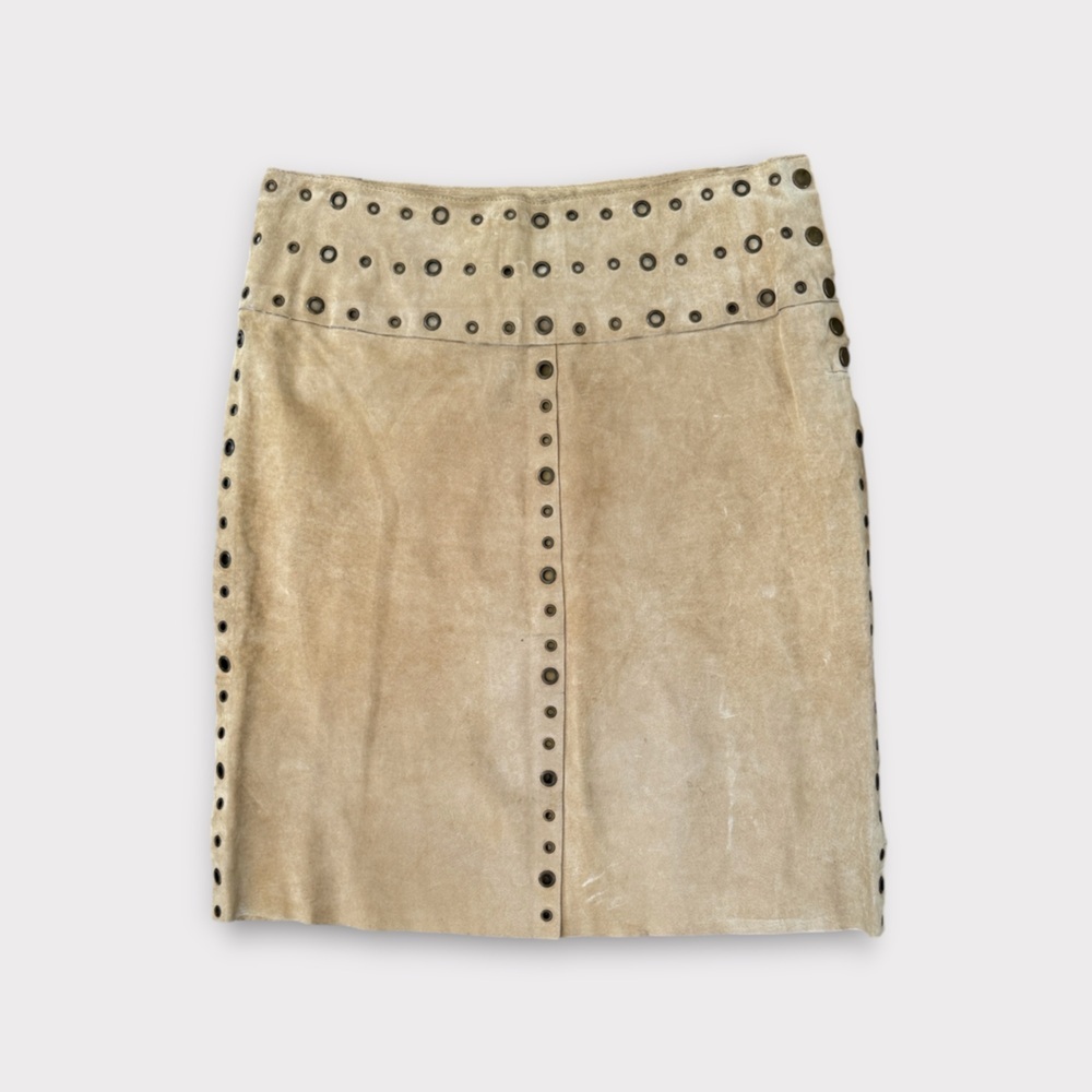 Vintage 90s Rem Garson Tan Leather Suede Studded Skirt 10